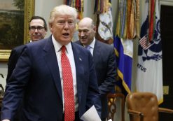 President Donald Trump, followed by Treasury Secretary Steven Mnuchin, left, and White House Economic Council Director Gary Cohn arrives for a meeting on the Federal budget, Wednesday, Feb. 22, 2017, in the Roosevelt Room of the White House in Washington. (AP Photo)