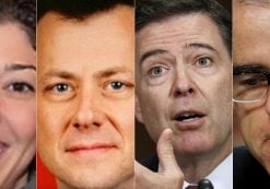 From left to right: Demoted FBI lawyer Lisa Page, her extramarital lover and reassigned former counterintelligence head Peter Strzok, fired former FBI director James Comey, and fired former FBI deputy director Andrew McCabe. (Photos: Reuters/FBI)