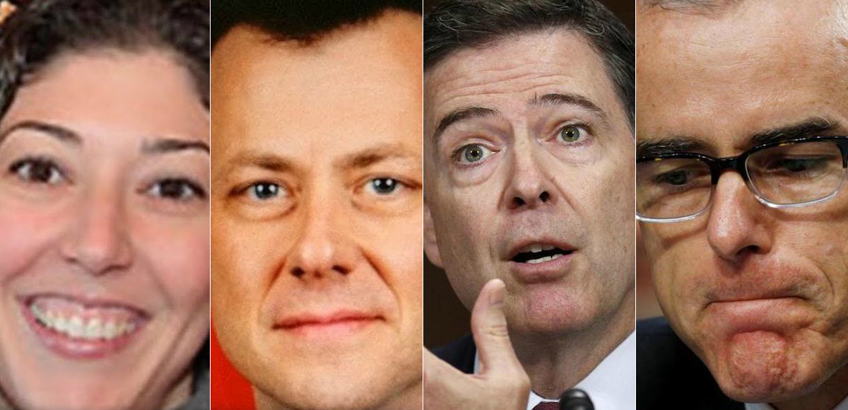 From left to right: Demoted FBI lawyer Lisa Page, her extramarital lover and reassigned former counterintelligence head Peter Strzok, fired former FBI director James Comey, and fired former FBI deputy director Andrew McCabe. (Photos: Reuters/FBI)