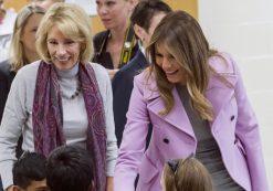 Secretary of Education Betsy DeVos, left, and First Lady Melania Trump chat with students during a visit to Orchard Lake Middle School in West Bloomfield, Mich., Monday, Oct. 23, 2017. (AP)