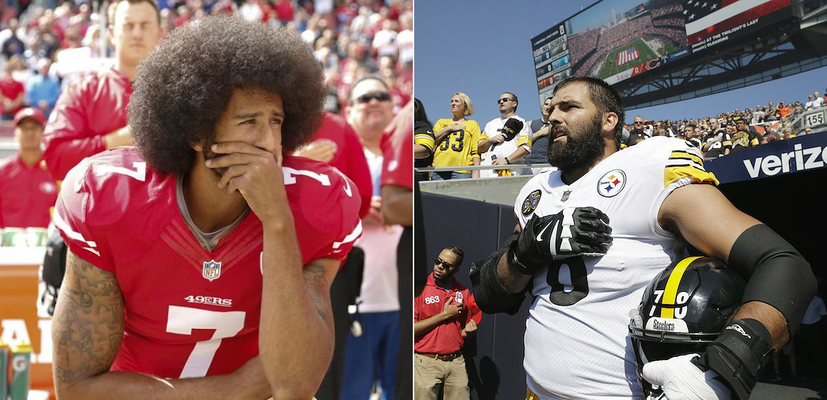 Colin Kaepernick, left, takes a knee while, Alejandro Villanueva, right, stands for the national anthem before NFL game.
