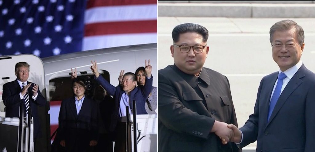 President Donald Trump, left, greets Tony Kim, Kim Hak Song, seen in the shadow, and Kim Dong Chul, three Americans detained in North Korea. North Korean leader Kim Jong Un, center right, shakes hands with South Korean President Moon Jae-in, right, on April 27, 2018. (Photos: AP/Reuters)