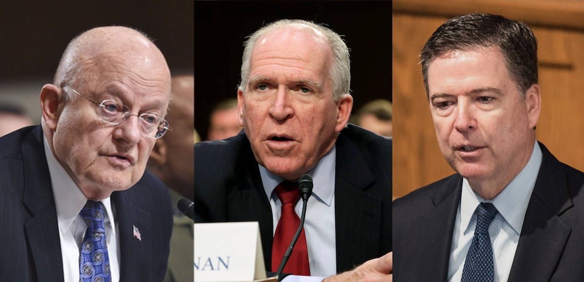 Former Director of National Intelligence (DNI) James Clapper, left, former CIA headJohn Brennan, center, and former FBI director James Comey, right.