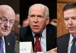 Former Director of National Intelligence (DNI) James Clapper, left, former CIA headJohn Brennan, center, and former FBI director James Comey, right.