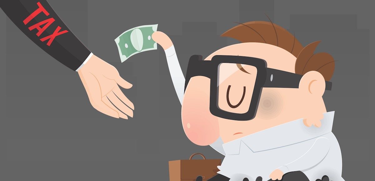 Cartoon workingman reluctantly paying taxes. (Photo: AdobeStock/PPD/Adiano)