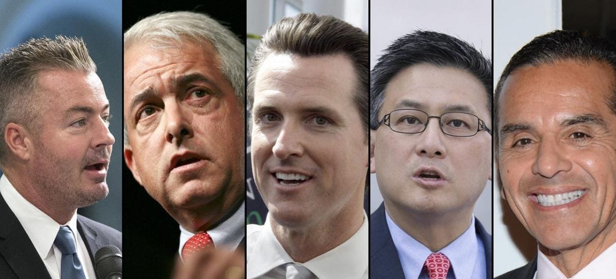 Candidates in the 2018 California gubernatorial primary election from left to right: Assemblyman Travis Allen, businessman John Cox, Lt. Governor Gavin Newsom, Danny Chiang, and former Los Angeles Mayor Antonio Villaraigosa.