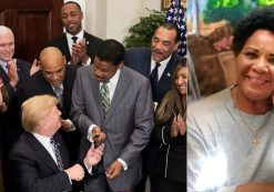 President Donald J. Trump, left, hands a pen to Isaac Newton Farris Jr., a nephew of slain Civil Rights leader Dr. Martin Luther King, Jr., after signing a proclamation in honor of Martin Luther King, Jr., Day. Alice Marie Johnson, right. (Photos: White House/CAN-DO Clemency Project)