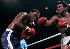 Muhammad Ali battles Joe Frasier during the legendary Thrilla in Manila in 1975.