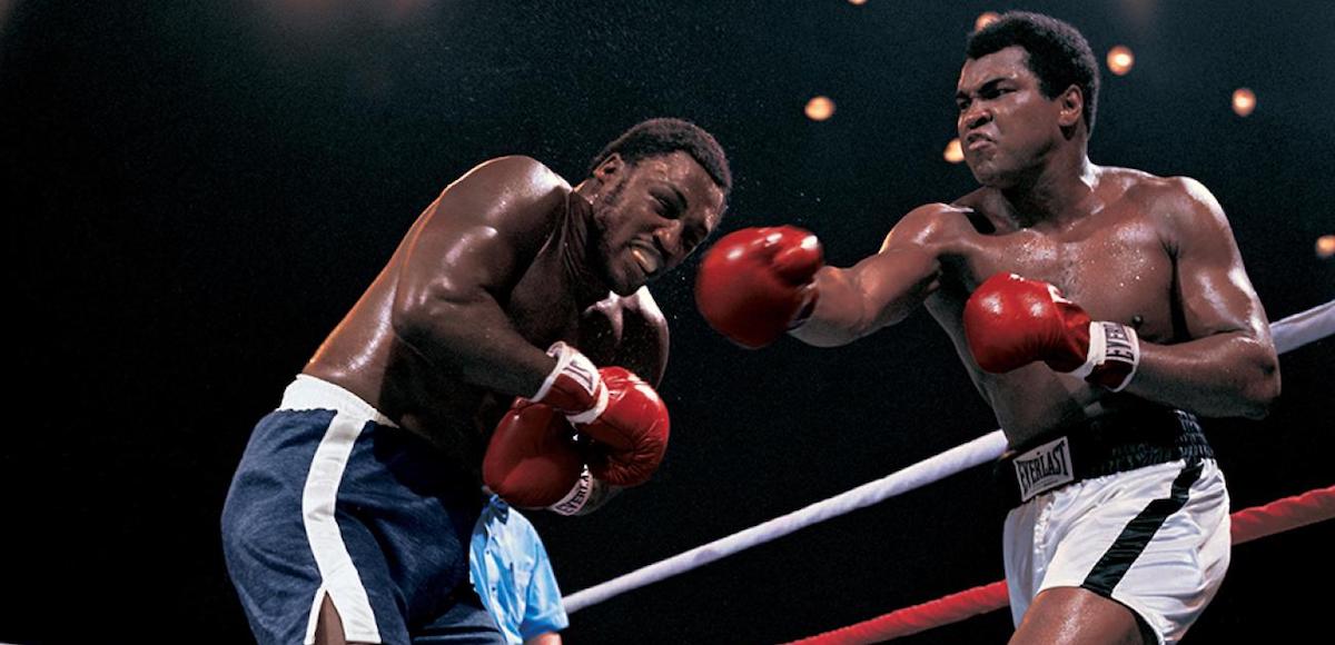Muhammad Ali battles Joe Frasier during the legendary Thrilla in Manila in 1975.