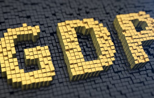 Gross domestic product (GDP) graphic concept with yellow square pixels on a black matrix background. (Photo: AdobeStock)