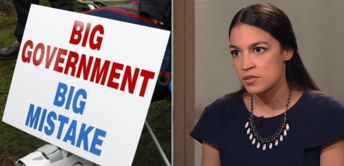 Alexandria Ocasio-Cortez, right, during a widely criticized interview with PBS, and a protestor resting next to a sign that reads, Big Government Big Mistake. (Photos: Screenshot/Fair Use)