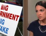 Alexandria Ocasio-Cortez, right, during a widely criticized interview with PBS, and a protestor resting next to a sign that reads, Big Government Big Mistake. (Photos: Screenshot/Fair Use)