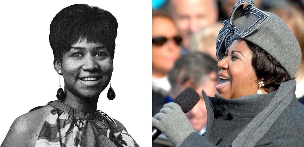 Left: Trade ad for Aretha Franklin's single "Baby I Love You". Right: Aretha Franklin sings "My Country 'Tis Of Thee'" at the U.S. Capitol during the 56th presidential inauguration in Washington, D.C., on January 20, 2009. (Photos: Wikimedia Commons)