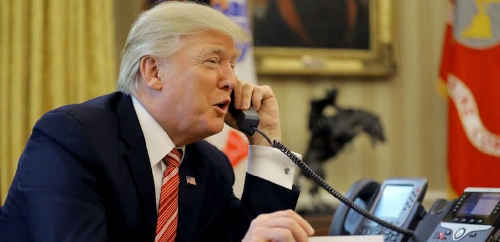 President Donald J. Trump speaks on the phone with Mexican President Enrique Peña Nieto on Jan. 27, 2017.