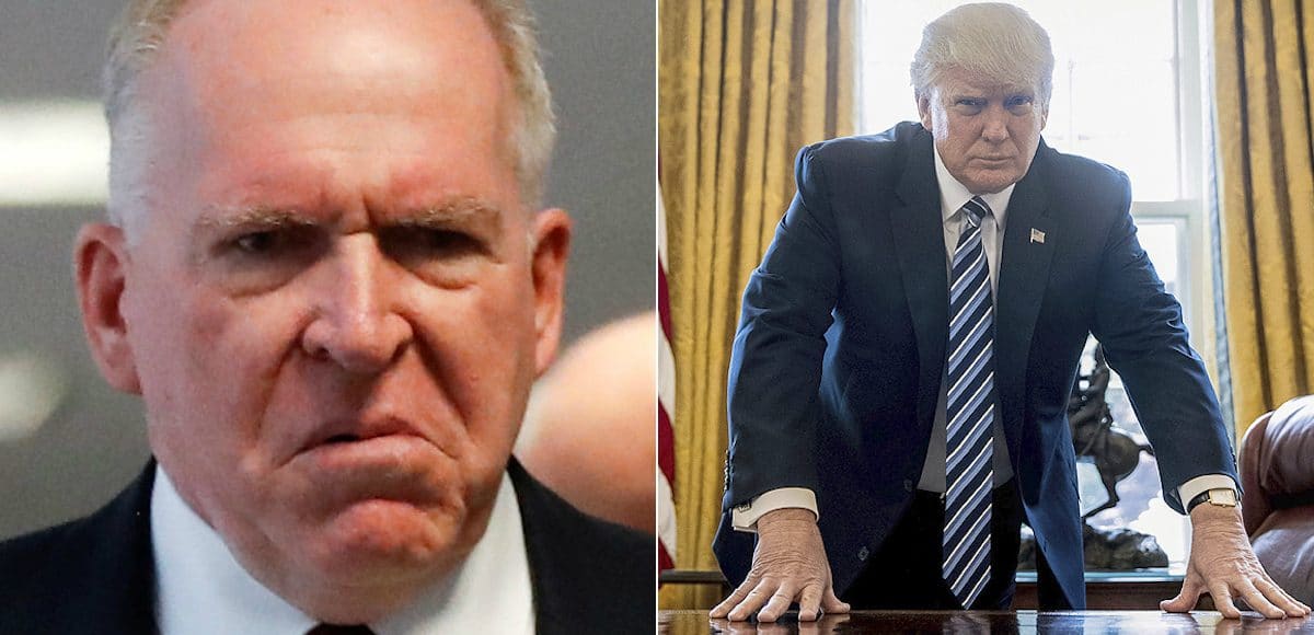 Former CIA Director John Brennan, left, and President Donald Trump, right, posing for a portrait in the Oval Office. (Photos: AP/Reuters)