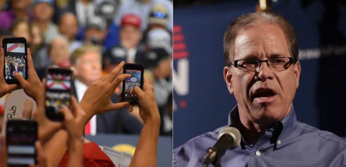 On the left, supporters take a photo of President Donald Trump in Tampa, Florida, while businessman Mike Braun, right, thanks supporters after winning the Republican primary for U.S. Senate in Indiana. (Photos: PPD/AP)