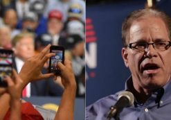 On the left, supporters take a photo of President Donald Trump in Tampa, Florida, while businessman Mike Braun, right, thanks supporters after winning the Republican primary for U.S. Senate in Indiana. (Photos: PPD/AP)