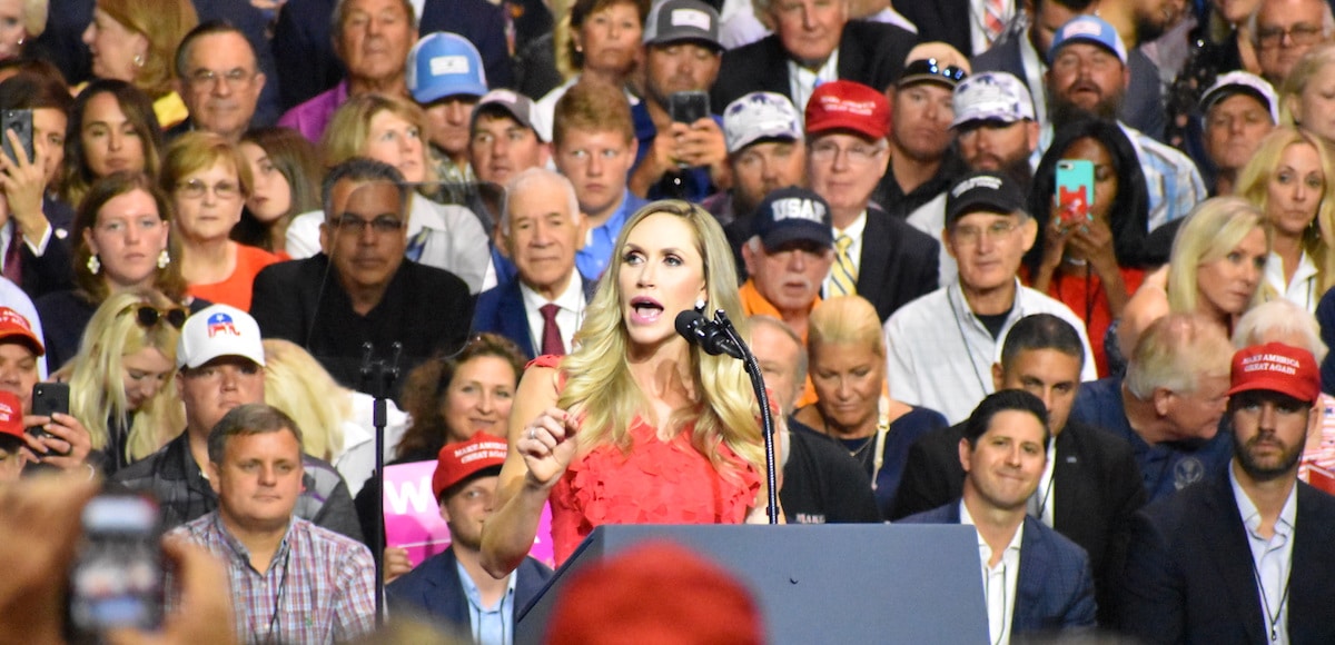 Lara Trump warms up the crowd before her father-in-law President Donald Trump takes the stage during a rally in Tampa, Florida on Tuesday, July 31, 2018. (Photo: Laura Baris/People's Pundit Daily)