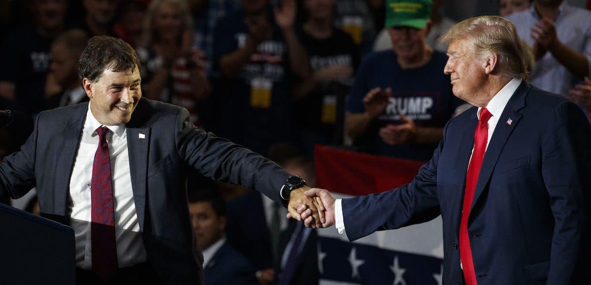 Ohio Senator Troy Balderson shakes hands with President Donald Trump during a Make America Great Again rally in Olentangy Orange High School in Lewis Centre. (Photo: Reuters)