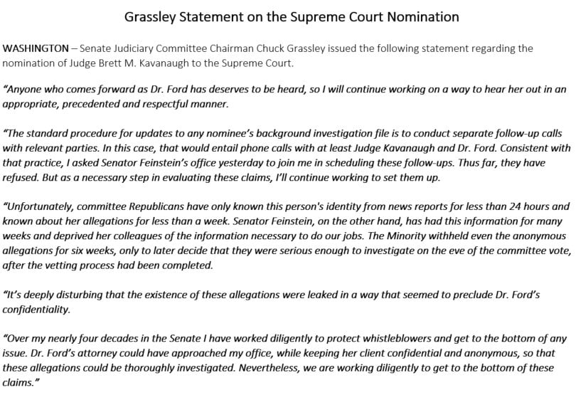 Grassley Statement Kavanaugh Hearings Accusations