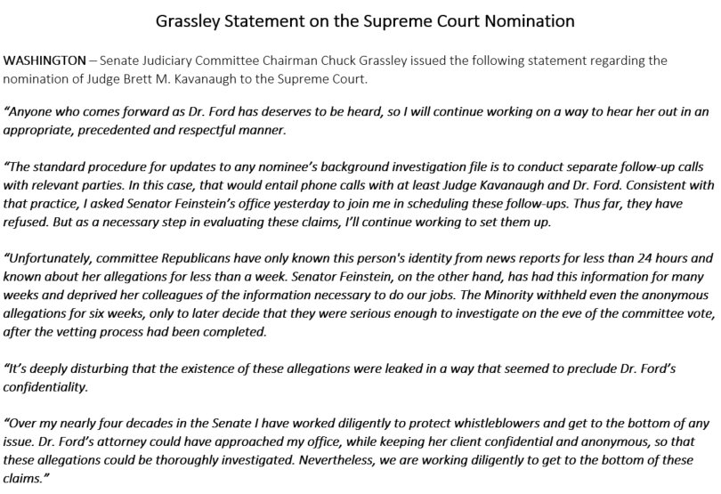Grassley Statement Kavanaugh Hearings Accusations