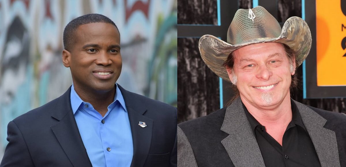 Republican candidate for U.S. Senate John James, left, and rock star turned-conservative Ted Nugent, right.