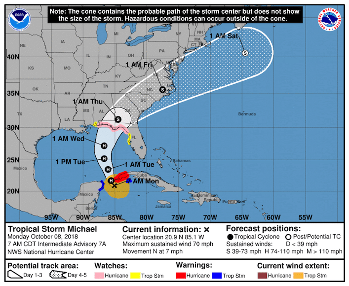 This graphic shows an approximate representation of coastal areas under a hurricane warning (red), hurricane watch (pink), tropical storm warning (blue) and tropical storm watch (yellow). The orange circle indicates the current position of the center of the tropical cyclone. The black line, when selected, and dots show the National Hurricane Center (NHC) forecast track of the center at the times indicated. The dot indicating the forecast center location will be black if the cyclone is forecast to be tropical and will be white with a black outline if the cyclone is forecast to be extratropical. If only an L is displayed, then the system is forecast to be a remnant low. The letter inside the dot indicates the NHC's forecast intensity for that time: D: Tropical Depression – wind speed less than 39 MPH S: Tropical Storm – wind speed between 39 MPH and 73 MPH H: Hurricane – wind speed between 74 MPH and 110 MPH M: Major Hurricane – wind speed greater than 110 MPH (National Hurricane Center, Miami, Florida.