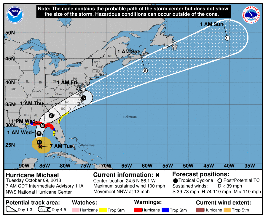 This graphic shows an approximate representation of coastal areas under a hurricane warning (red), hurricane watch (pink), tropical storm warning (blue) and tropical storm watch (yellow). The orange circle indicates the current position of the center of the tropical cyclone. The black line, when selected, and dots show the National Hurricane Center (NHC) forecast track of the center at the times indicated. The dot indicating the forecast center location will be black if the cyclone is forecast to be tropical and will be white with a black outline if the cyclone is forecast to be extratropical. If only an L is displayed, then the system is forecast to be a remnant low. The letter inside the dot indicates the NHC's forecast intensity for that time: D: Tropical Depression – wind speed less than 39 MPH S: Tropical Storm – wind speed between 39 MPH and 73 MPH H: Hurricane – wind speed between 74 MPH and 110 MPH M: Major Hurricane – wind speed greater than 110 MPH