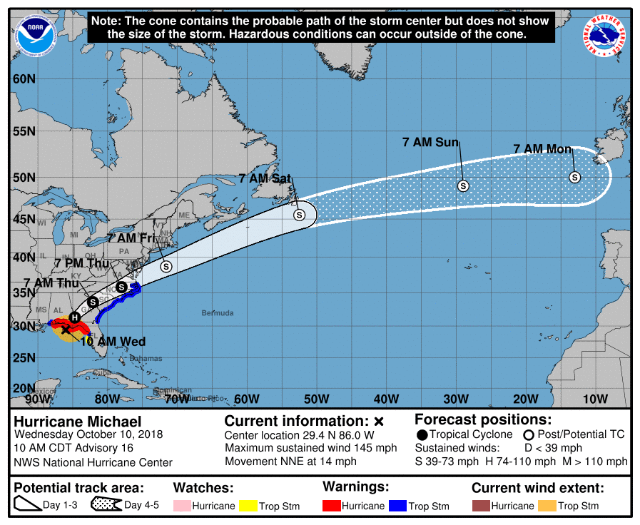 This graphic shows an approximate representation of coastal areas under a hurricane warning (red), hurricane watch (pink), tropical storm warning (blue) and tropical storm watch (yellow). The orange circle indicates the current position of the center of the tropical cyclone. The black line, when selected, and dots show the National Hurricane Center (NHC) forecast track of the center at the times indicated. The dot indicating the forecast center location will be black if the cyclone is forecast to be tropical and will be white with a black outline if the cyclone is forecast to be extratropical. If only an L is displayed, then the system is forecast to be a remnant low. The letter inside the dot indicates the NHC's forecast intensity for that time: D: Tropical Depression – wind speed less than 39 MPH S: Tropical Storm – wind speed between 39 MPH and 73 MPH H: Hurricane – wind speed between 74 MPH and 110 MPH M: Major Hurricane – wind speed greater than 110 MPH