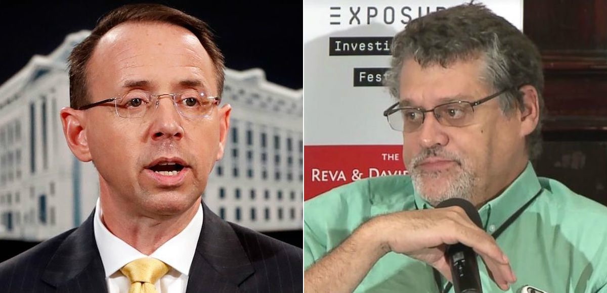 Deputy Attorney General Rod Rosenstein, left, and Fusion GPS co-founder and former Wall Street Journal reporter Glenn Simpson, right.