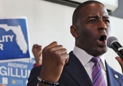 lorida Democratic gubernatorial candidate Andrew Gillum gestures as he speaks to members of Florida’s lesbian, gay, bisexual, transgender and queer (LGBTQ) community, Monday, Sept. 24, 2018, in Miami.