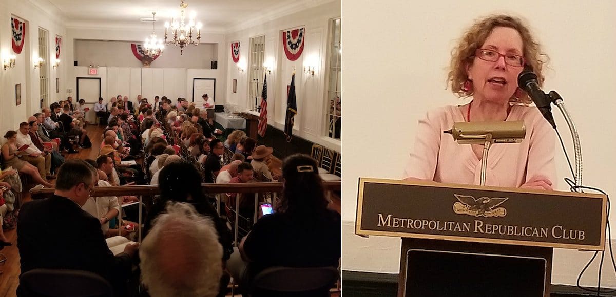 Heather Mac Donald, right, a Manhattan Institute Fellow and New York Times bestselling author, speaks to attendees at Metropolitan Republican Club in New York City on Wednesday, November 14, 2018. (Photos: People's Pundit Daily/PPD)
