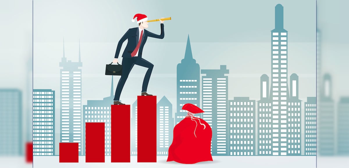 Businessmen in the Santa hat with big red sack of presents in the City looking through the binocular. Christmas in business, concept illustration. (Photo: AdobeStock)