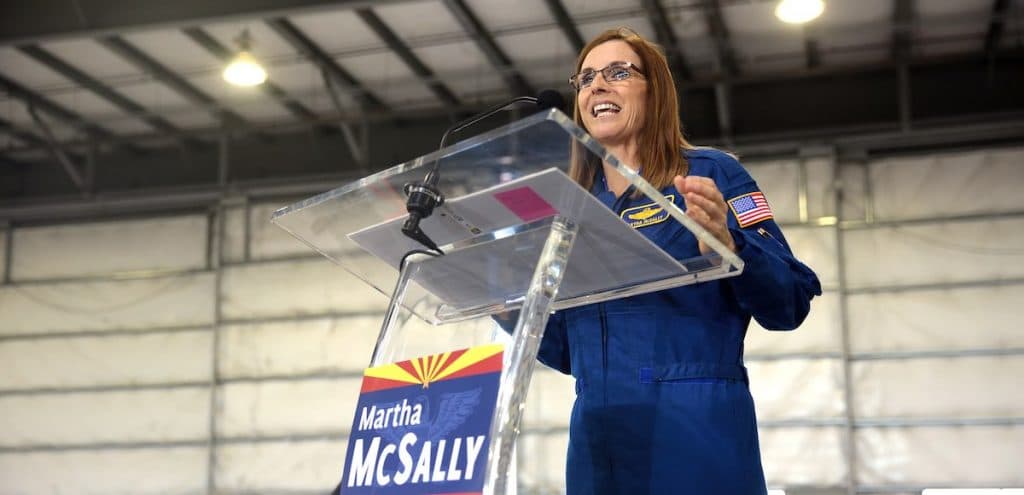 U.S. Congresswoman Martha McSally, R-Az., speaking with supporters at the announcement of her U.S. Senate campaign at the Swift Aviation Hangar in Phoenix, Arizona. (Photo: Please attribute to Gage Skidmore if used elsewhere.)