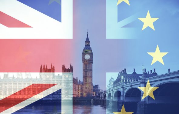 Flags of United Kingdom (UK) and European Union (EU) combined over British icons of London, for a Brexit concept. (Photo: AdobeStock)