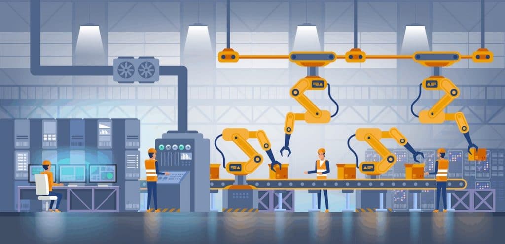 Industry production 4.0 and technology concept, depicting factory production on a conveyor belt with factory operational workers in uniform. (Photo: AdobeStock)