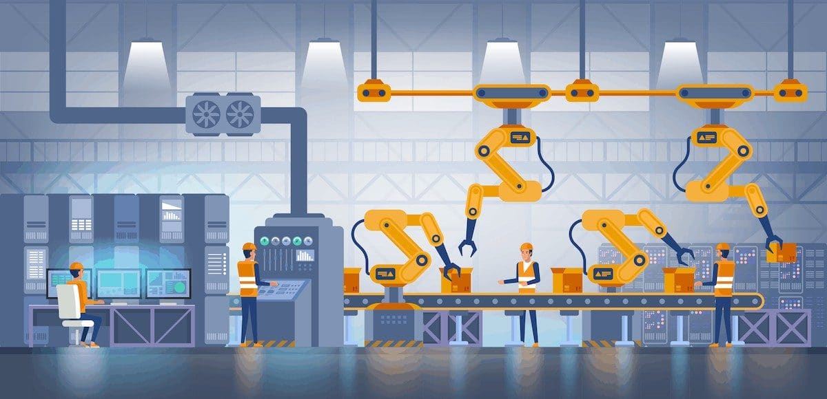 Industry production 4.0 and technology concept, depicting factory production on a conveyor belt with factory operational workers in uniform. (Photo: AdobeStock)