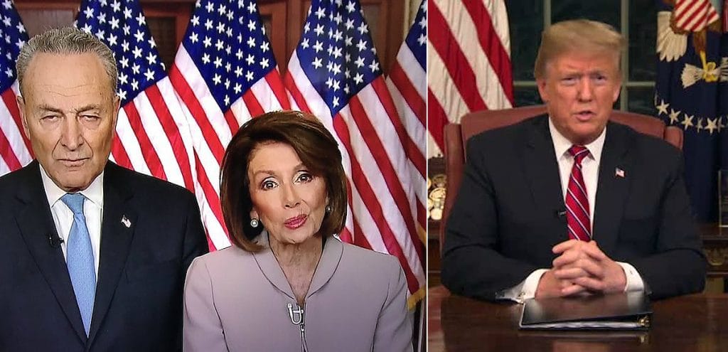 Senate Minority Leader Chuck Schumer, D-N.Y., and House Speaker Nancy Pelosi, D-Calif., give a rebuttal to the first Oval Office address delivered by President Donald Trump, right, on January 9, 2019. (Photos: Video Screenshots/PPD)