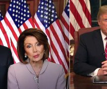 Senate Minority Leader Chuck Schumer, D-N.Y., and House Speaker Nancy Pelosi, D-Calif., give a rebuttal to the first Oval Office address delivered by President Donald Trump, right, on January 9, 2019. (Photos: Video Screenshots/PPD)