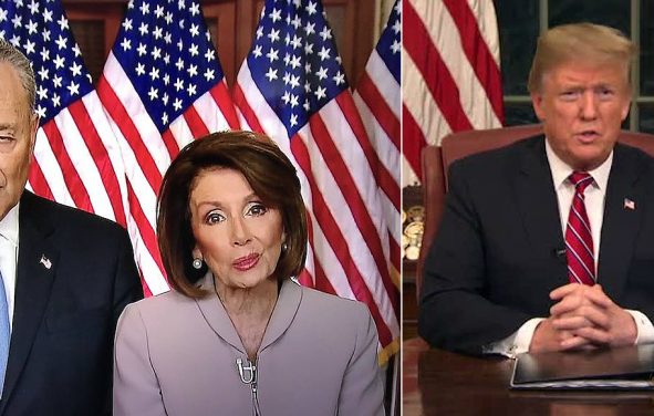 Senate Minority Leader Chuck Schumer, D-N.Y., and House Speaker Nancy Pelosi, D-Calif., give a rebuttal to the first Oval Office address delivered by President Donald Trump, right, on January 9, 2019. (Photos: Video Screenshots/PPD)