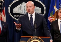 Acting Attorney General Matthew Whitaker, center, FBI Director Christopher Wray, right, and Commerce Secretary Wilbur Ross, left, announce indictments against Chinese telecommunications conglomerate Huawei. (Photo: Screenshot)