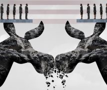 Democratic Party nomination intra-party fight concept as two mountain cliffs each shaped as a donkey clash head to head damaging the party as a 3D illustration. (Photo: AdobeStock)