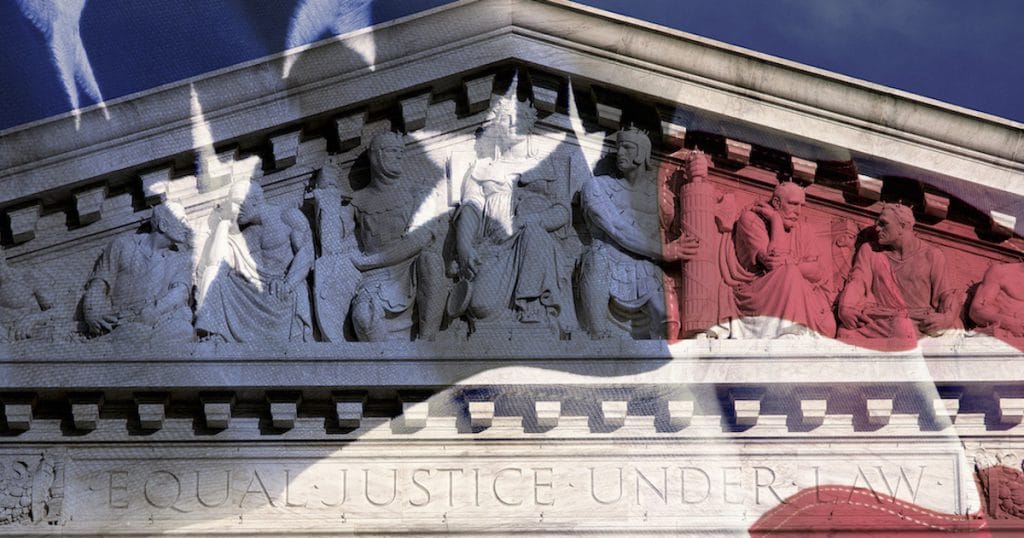 Digital composite of the U.S. Supreme Court (SCOTUS) building and the American flag. (Photo: AdobeStock)