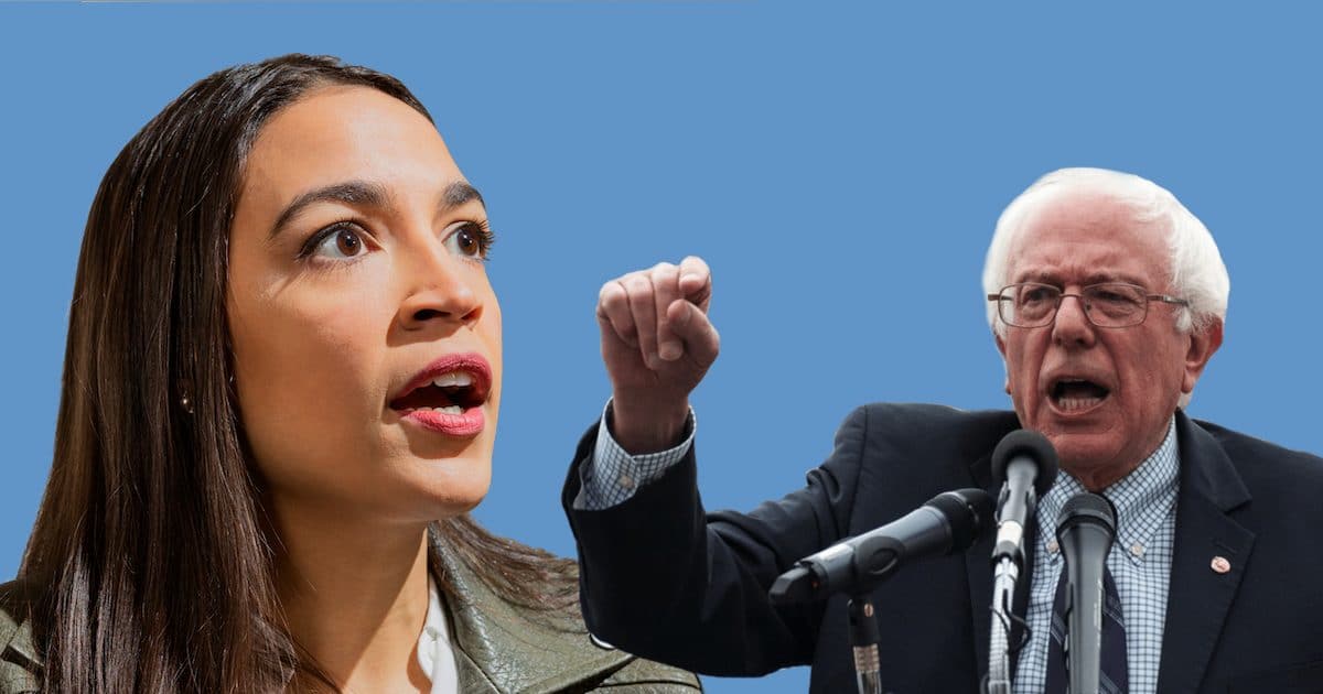 Representative Alexandria Ocasio-Cortez, D-N.Y., left, and Senator Bernie Sanders, D-I-Vt., right, graphic concept.