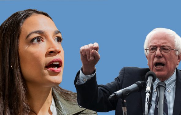 Representative Alexandria Ocasio-Cortez, D-N.Y., left, and Senator Bernie Sanders, D-I-Vt., right, graphic concept.