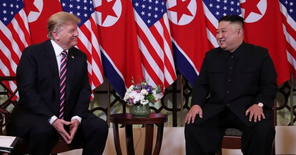 U.S. President Donald J. Trump, left, and North Korean Chairman Kim Jong Un, right, meet for their second nuclear summit in Hanoi, Vietnam on February 28, 2019.