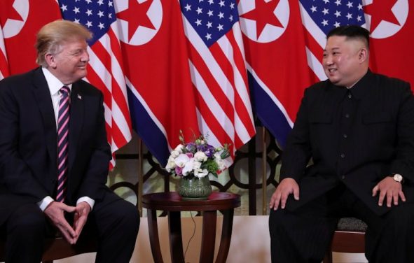 U.S. President Donald J. Trump, left, and North Korean Chairman Kim Jong Un, right, meet for their second nuclear summit in Hanoi, Vietnam on February 28, 2019.