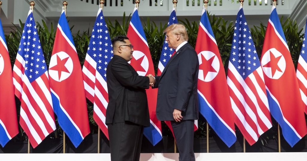 U.S. President Donald J. Trump shaking hands with North Korean Chairman Kim Jong Un during the US-DPRK nuclear summit in Singapore on June 12, 2018. (Photo: White House)