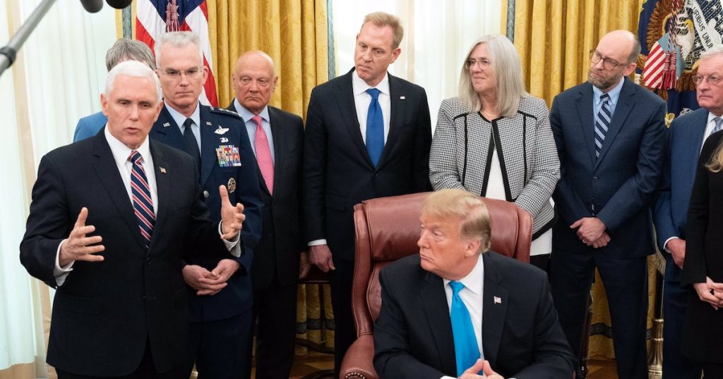 President Donald J. Trump listens as Vice President Mike Pence discusses Directive-4, the establishment of the United States Space Force. (Photo: Courtesy of the White House)