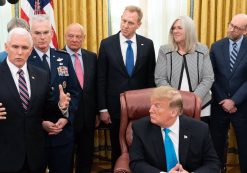 President Donald J. Trump listens as Vice President Mike Pence discusses Directive-4, the establishment of the United States Space Force. (Photo: Courtesy of the White House)